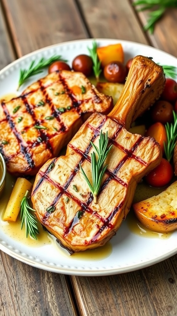 Grilled pork chops marinated in garlic and herbs, served with roasted vegetables, on a rustic wooden table.